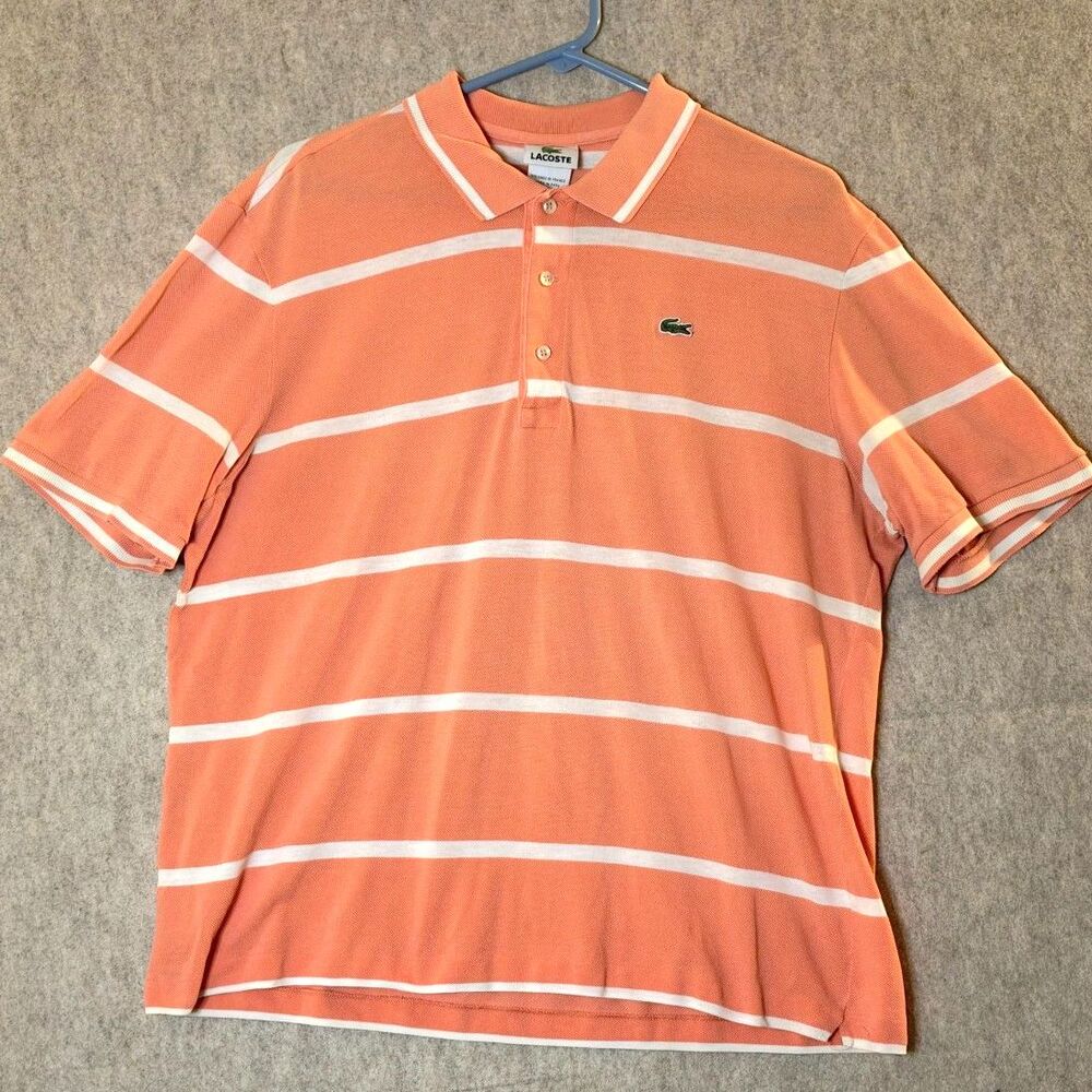 Lacoste Men’s 5 Large Coral Orange White Stripe Pique Polo Shirt Cotton